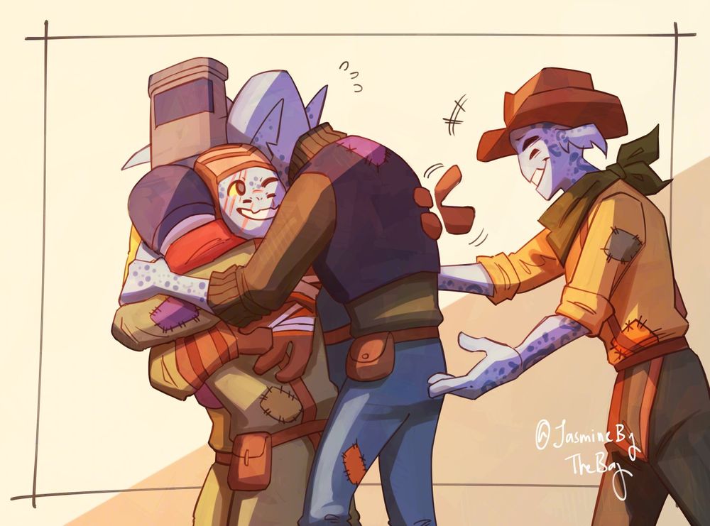 Hornfels, still crying, bends down to hug Feldspar around Gossan and Slate. Feldspar, who is now starting to drown under all the arms, starts patting Hornfels on the back. Esker runs up as well with their arms outstretched.