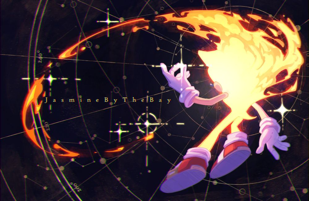 A painting of Super Sonic flying to the side against a dark background, but instead of his usual quills he leaves a trail of fire. He is at the center of a gold star chart, and in one hand he holds a bright star.
If you were to look up at the night sky, you might see a star that did not exist before. He exists at the center of the heliocentric sky and power trails behind him in flames as he gently places a new star on the star charts.