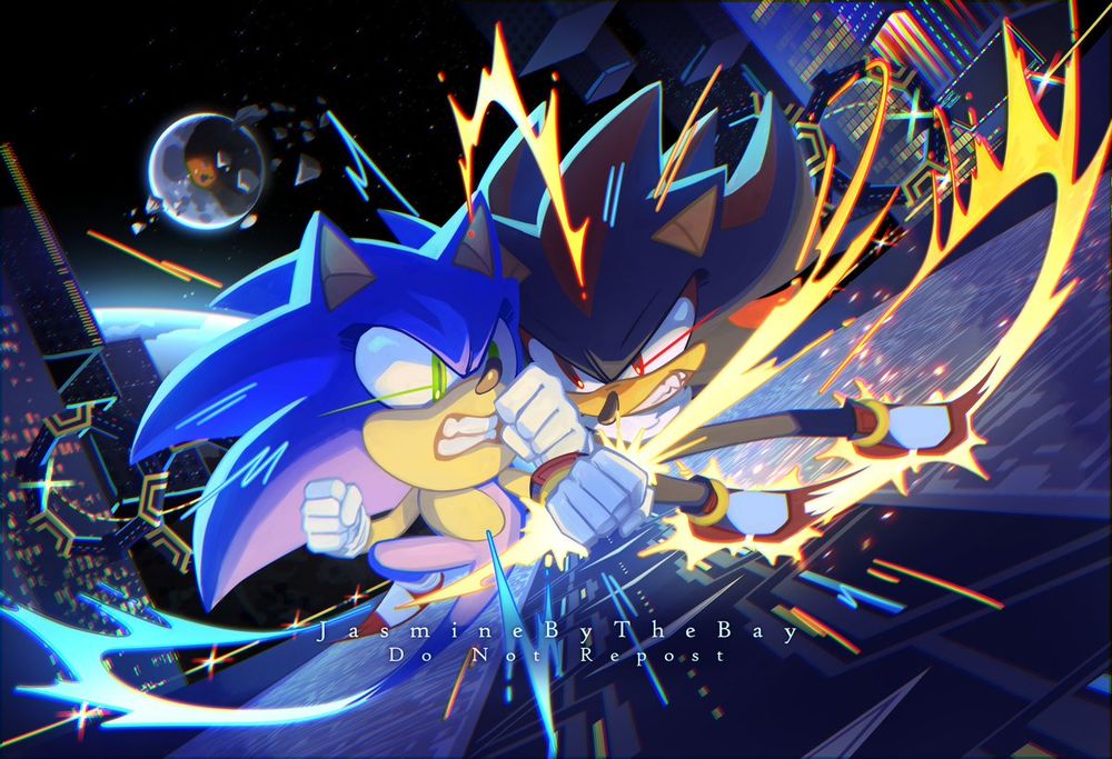 Sonic and Shadow slam into each other's sides with a booming impact as they race down the Space Colony Ark. The Ark's buildings and rails frame the track that they race down. They are both illuminated from the back from the blue glow of the Earth and Moon and from the front form Shadow's Chaos Spear. They move so fast that they leave a trail of glowing blue and yellow behind them. Shadow snarls as he drives the Chaos Spear towards Sonic, who in turn snarls back as he blocks Shadow's arm and gets ready to drive his fist back into Shadow. In the background, the shattered Moon gently floats in the night sky.