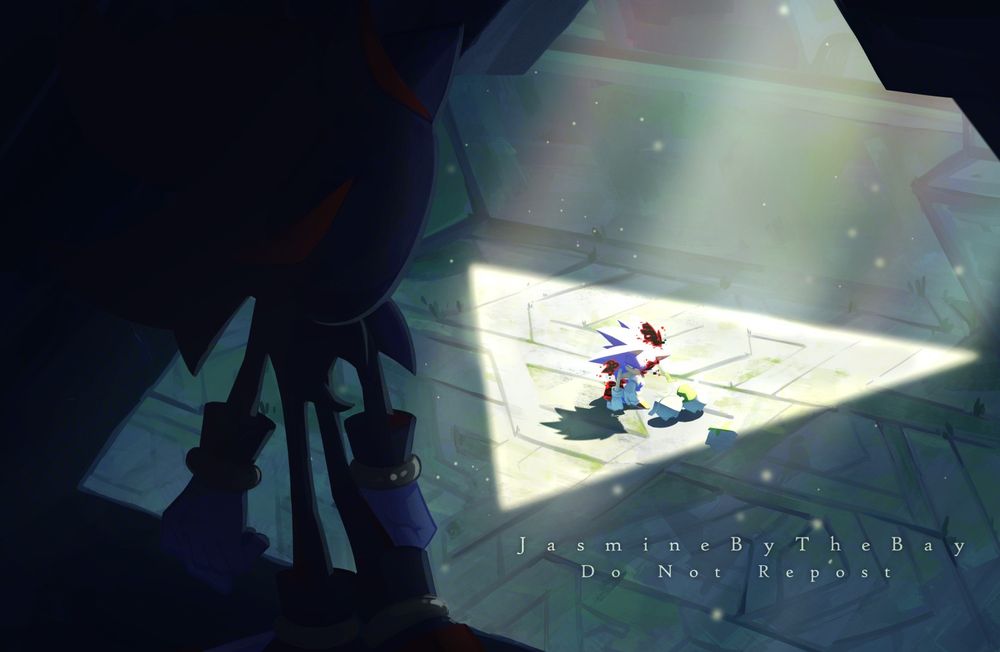 A scene out of Sonic x Shadow Generations in Chaos Island. Shadow, with his back turned to the camera and cast in darkness, stands in a tunnel overlooking the inside of one of the Ancient's temples, observes the scene before him.
A triangular window of light illuminates a small area of an otherwise dark temple. In that triangle of light is Sonic, who is brought to his knees as he is hit by a bout of cyber corruption. He is visible exhausted and three koco waddle up to Sonic in concern.