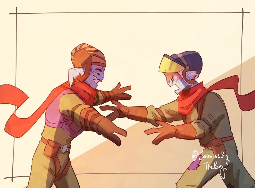Feldspar runs forward, arms outstretched and a wide grin on their face, towards Gossan, who also running forward towards Feldspar with their arms outstretched but looks like they're about to cry.