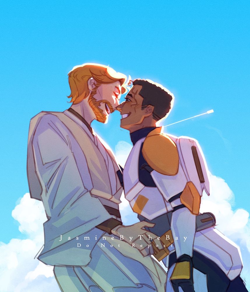 Art of Commander Cody and Obi-wan.
It is a bright and sunny afternoon, with a bit of fluffy cloud in the sky, and the sun backlights Cody and Obi-wan. Cody, with his head tilted up towards Obi-wan, leans forward with a brilliant smile as he walks into Obi-wan's space, gently grasping one of Obi-wan's tabards to pull him in for a kiss. Obi-wan, with his head tilted down towards Cody, leans slightly back but allows himself to be pulled forward with a laught, one hand slightly raised to catch Cody by the waist.
