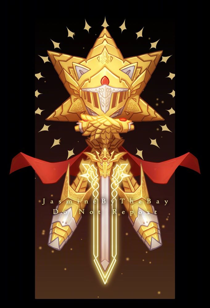 Art of Excalibur Sonic. 
Sonic floats in the middle of the frame, with his cape fluttering behind him. His armored quills splay out behind him almost forming a star and his hands rest on top of Excalibur. He is haloed by a ring of four-point stars as he stares down his opponents.