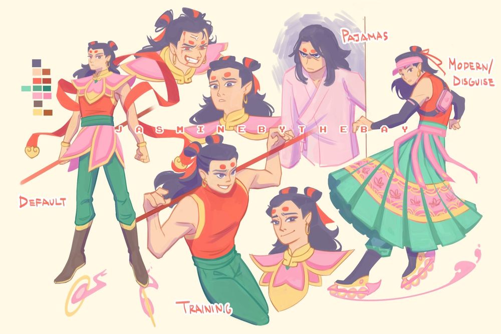 A series of small sketches of Nezha in various outfits and various expressions. In the far left is his default outfit. To his top right is him visibly injured while bearing his teeth. Below that is him looking down with a distressed expression. Below that him in a training outfit which consists of his default outfit but without his lotus armor. His pole is swung over his shoulders and he smiles. Next to that is Nezha with a gentle smile. Above that is Nezha in his pajamas, which consist of a light pink zhongyi top with his hair down and a dreadful expression of exhaustion. On the far right is a full body of a modern/disguise which consists of a red sleeveless muscle shirt, black compression sleeves, a small pink cross body bag, a pink visor cap, the green bottom half of a feiyufu, and black and pink skates.
