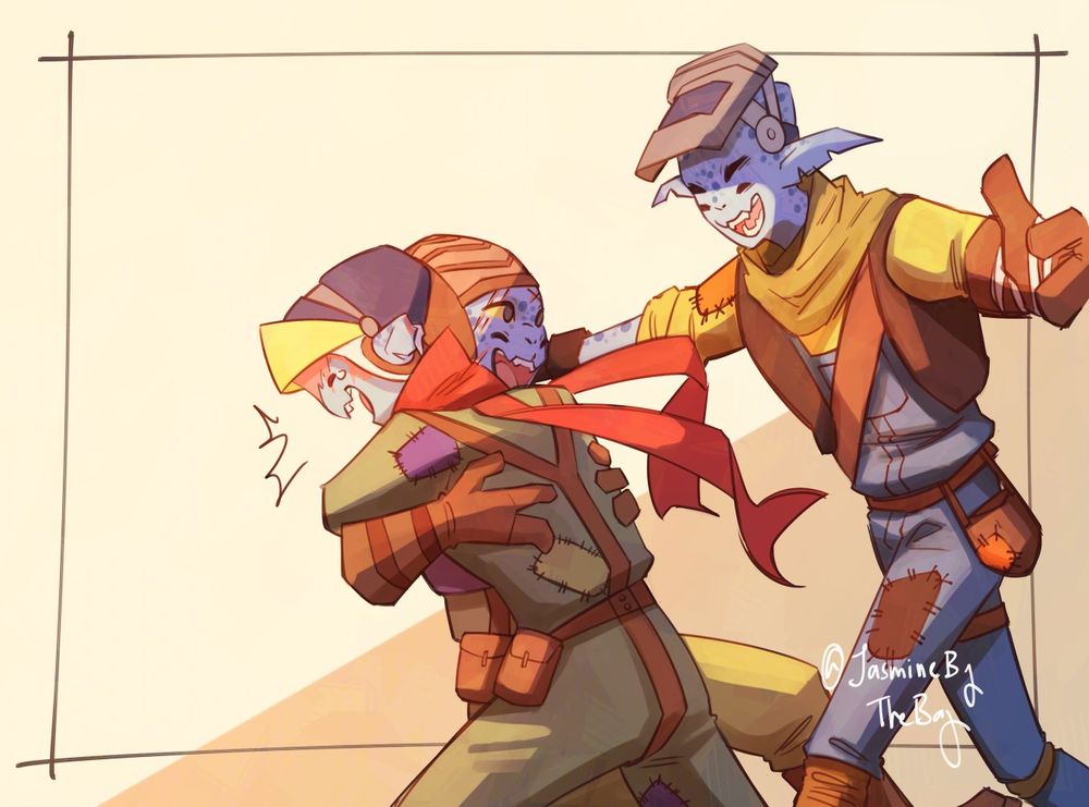 Gossan runs straight into Feldspar, throwing their arms around them for a desperate hug. Both of them laugh as Gossan starts tearing up. Feldspar looks up from the hug to see Slate also running towards them with a laugh.