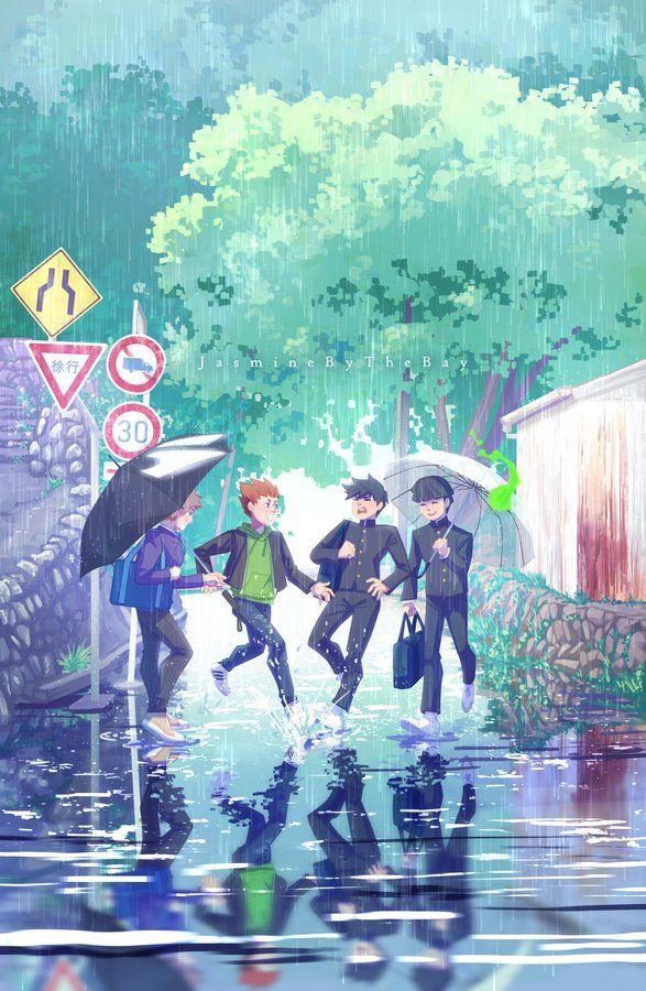 A hard rain comes down on small road sheltered by trees. Despite this, the day is bright and the air is filled with cheer.
Ritsu and Shigeo walk down the small, wet street after school, with Teru and Shou opting to join them for their walk home tonight. Teru and Shigeo hold umbrellas and laugh as Shou jumps straight into the puddle in front of Ritsu, splashing Ritsu unceremoniously. A green wisp trails next to Shigeo.
