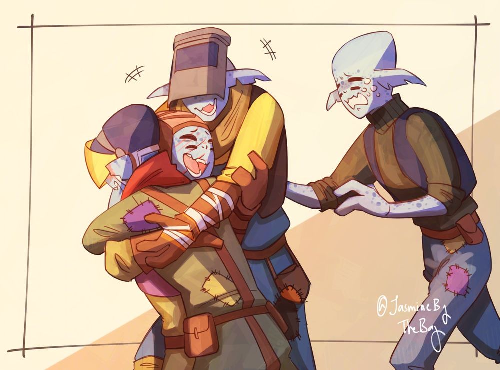 Slate throws their arms around Feldspar and Gossan with a laugh. Hornfels quickly runs towards them as well, bawling unconsolably at the fact that Feldspar is home.