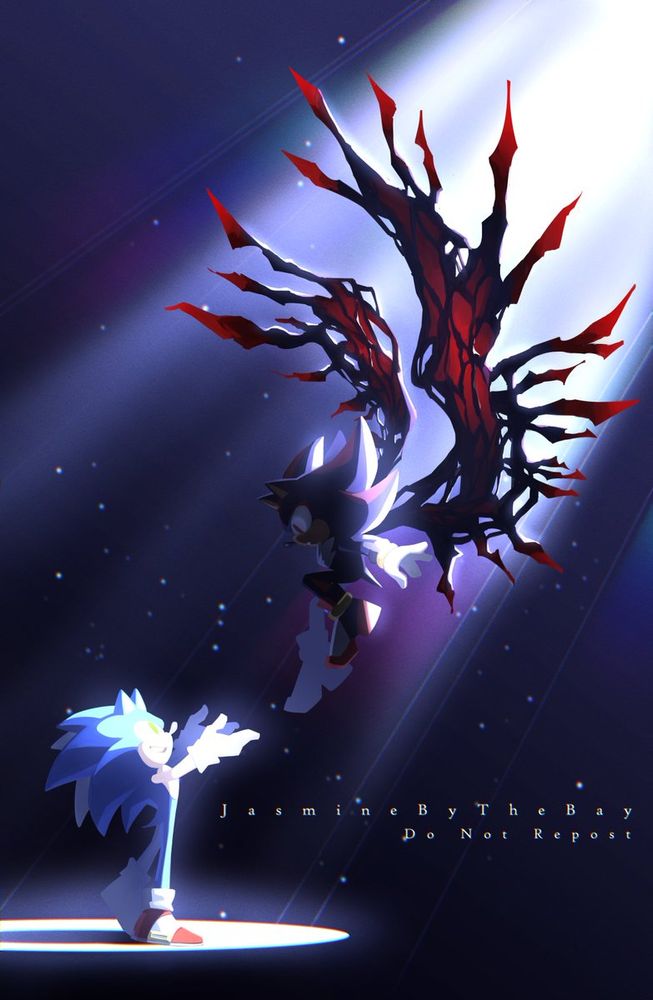 Shadow, in his winged formed, gently descends down towards Sonic, who stands on the ground and reaches out towards Shadow with outstretched hands. He descends while illuminated by a bright beam of light and the slightest rainbow against a dark background. Shadow looks down at Sonic with an expression of wonder. The beam of light illuminates the back of his head and wings, leaving his face in shadow. Sonic is also illuminated by the beam of light but from the front instead. The light is so strong it is almost difficult to see the expression of joy as he reaches out to catch Shadow.