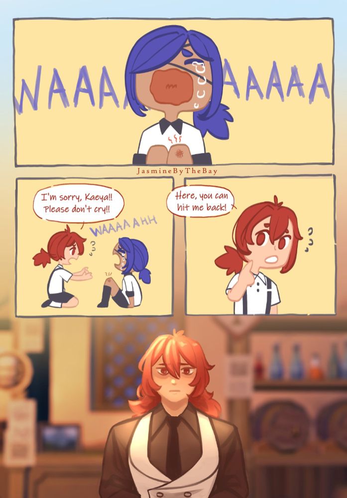 A four panel comic. The first panel shows a young Kaeya bawling as he sits on the ground with an injured knee. In the next panel, a young Diluc kneels in front of him, desperately trying to comfort him.
"I'm sorry, Kaeya!!" he comforts. "Please don't cry!!"
"Here, you can hit me back!" Diluc says as he points to his cheek.
Fastforward several years, a young adult Diluc stands at the bar looking pensive.