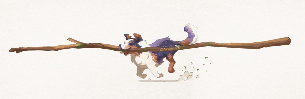 A long horizontal art piece of an extremely happy dog (probably an Australian Shepherd) running with a comically long stick in its mouth.