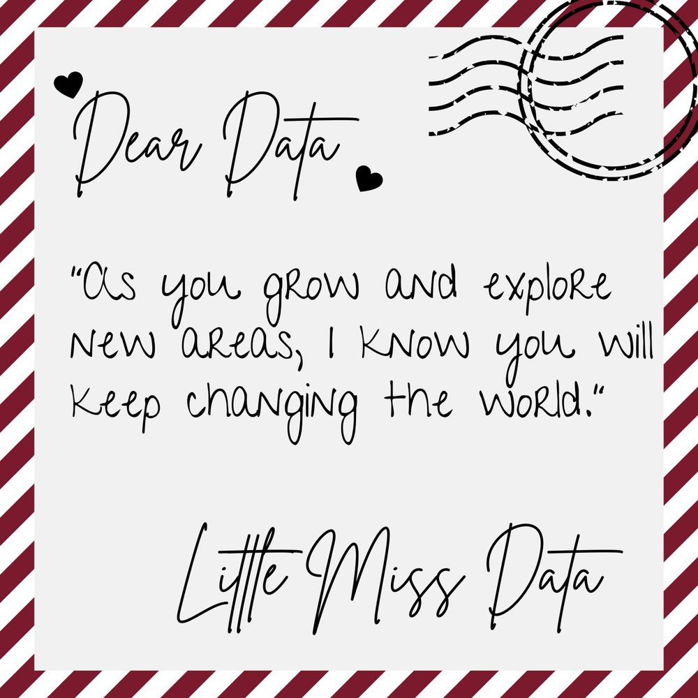Letter that looks kind of like a post card and reads: Dear Data, As you grow and explore new areas, I know you will keep changing the world. Signed Little Miss Data