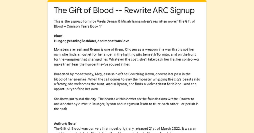 The Gift of Blood -- Rewrite ARC Signup