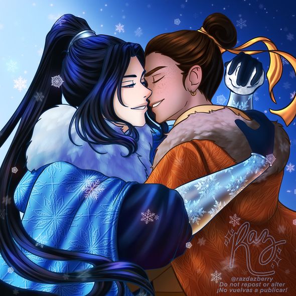 Mu Qing and Feng Xin are in an embrace, about to kiss. Mu Qing is holding a snowball behind Feng Xin's head, ready to shove it down his nape. Both are wearing warm, fluffy coats; Mu Qing's is light and dark blue with with fur, while Feng Xin's is orange with beige fur