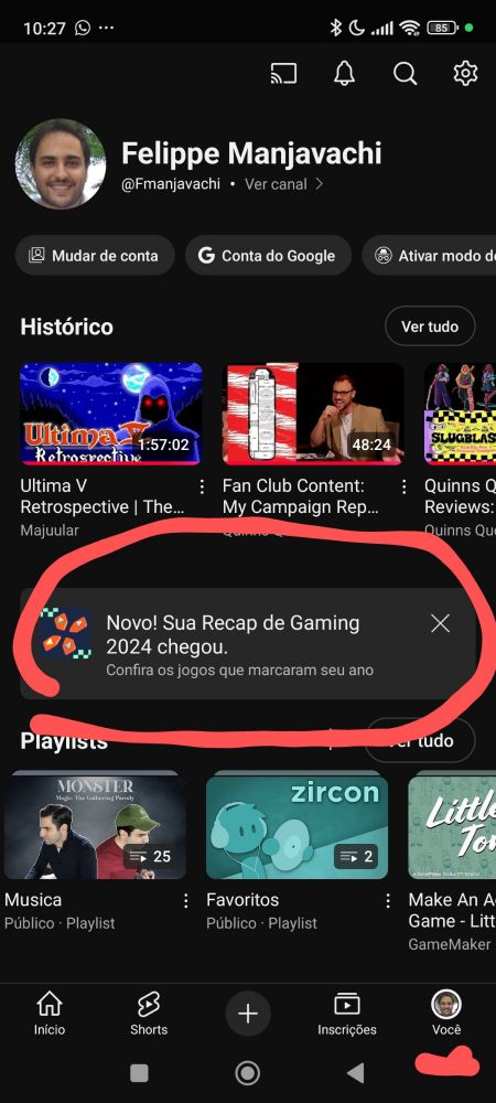 Imagem do app YouTube, com destaque da aba você e do Recap do ano do YouTube 