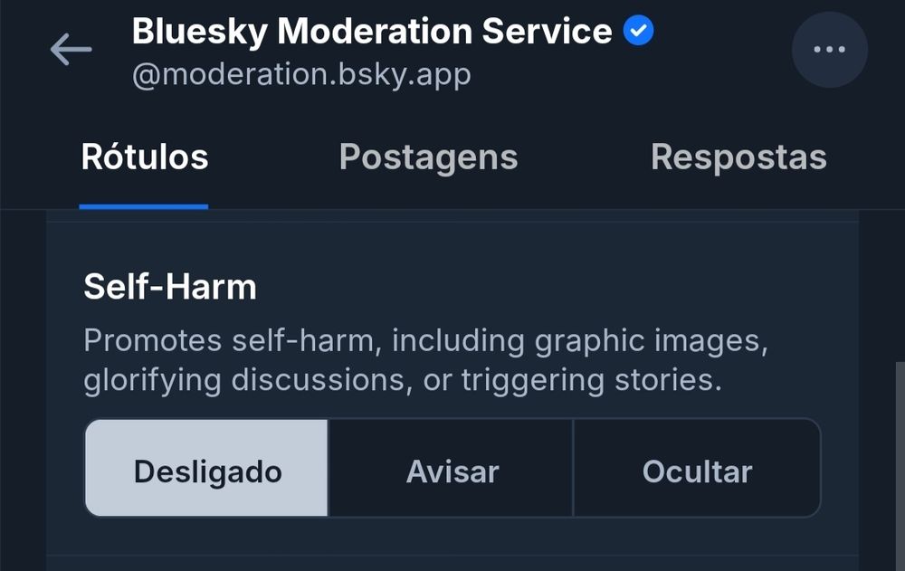 Aba Bluesky moderation Service mostrando como desligar rótulos 