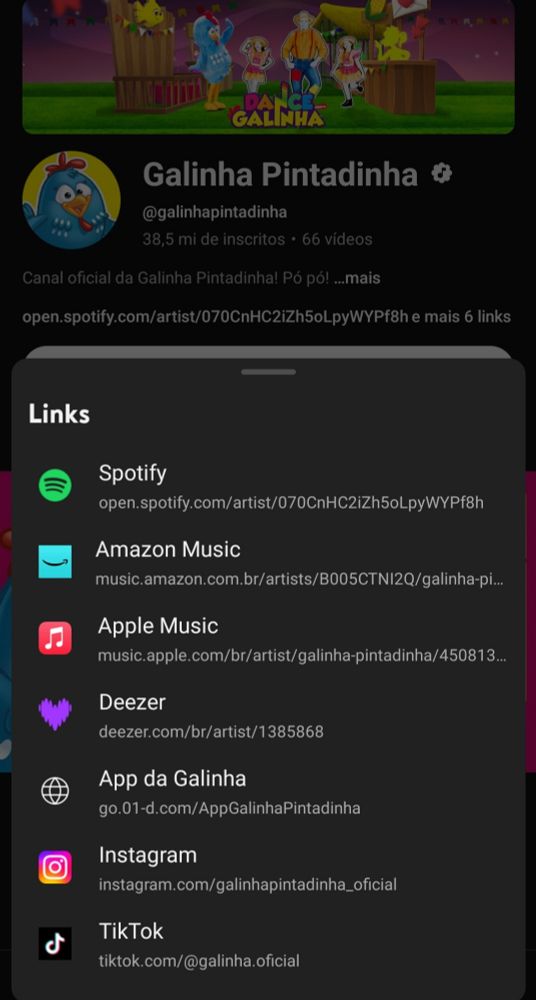 Print da aba links do canal Galinha Pintadinha no YouTube 