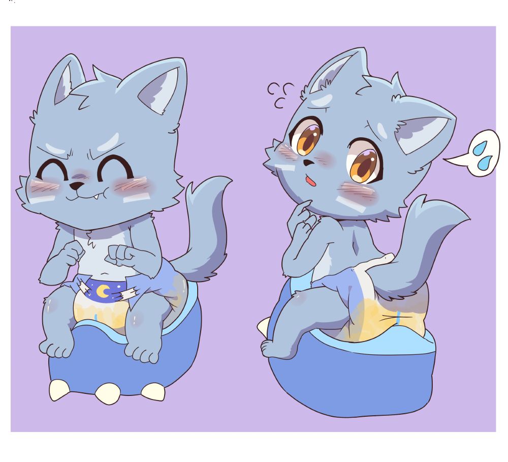 Little blue wolf pup sitting on a potty, his diaper still swaddled around his waist. He can be seen straining a little as he attempted to go potty, totally forgetting one of the most important step of using the potty, which is to take off his diaper... Predictably, his diaper quickly stained yellow as he released his bladder directly into the absorbent garment he is wearing.

Art by: @kaitzunema23.bsky.social 