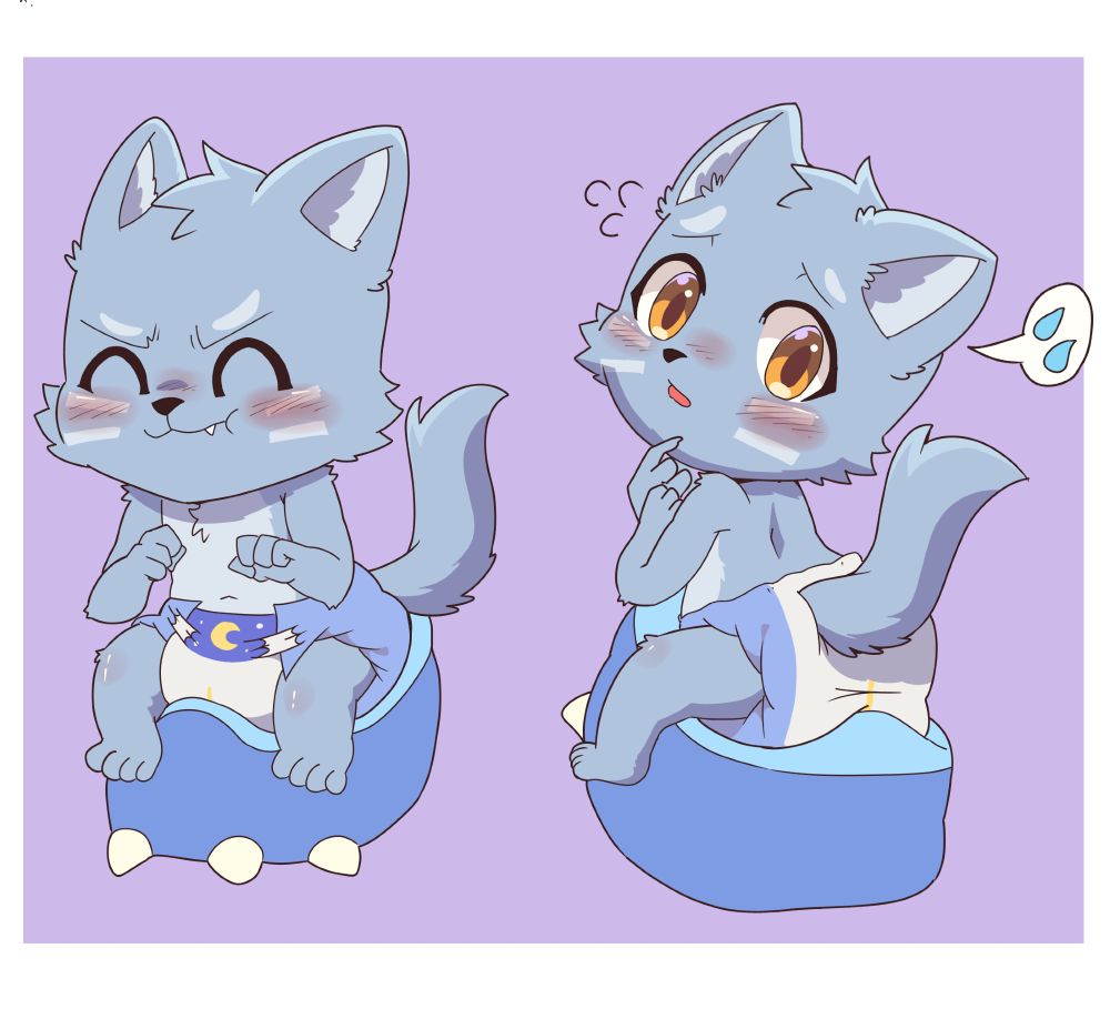 Little blue wolf pup sitting on a potty, his diaper still swaddled around his waist. He can be seen straining a little as he attempted to go potty, totally forgetting one of the most important step of using the potty, which is to take off his diaper...

Art by: @kaitzunema23.bsky.social 
