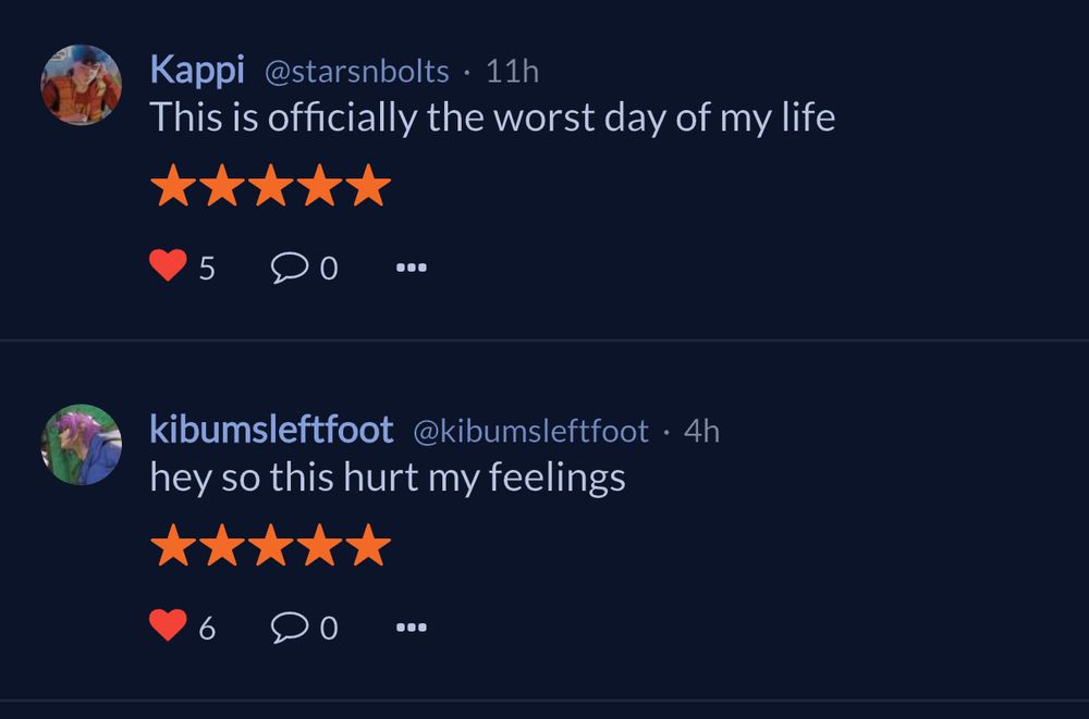 Reviews for Secret Six No. 6 

Kappa @starnbolts
This is officially the worst day of my life.
Five Stars

Kibumsleftfoot @kibumsleftfoot
Hey so this hurt my feelings
Five Stars