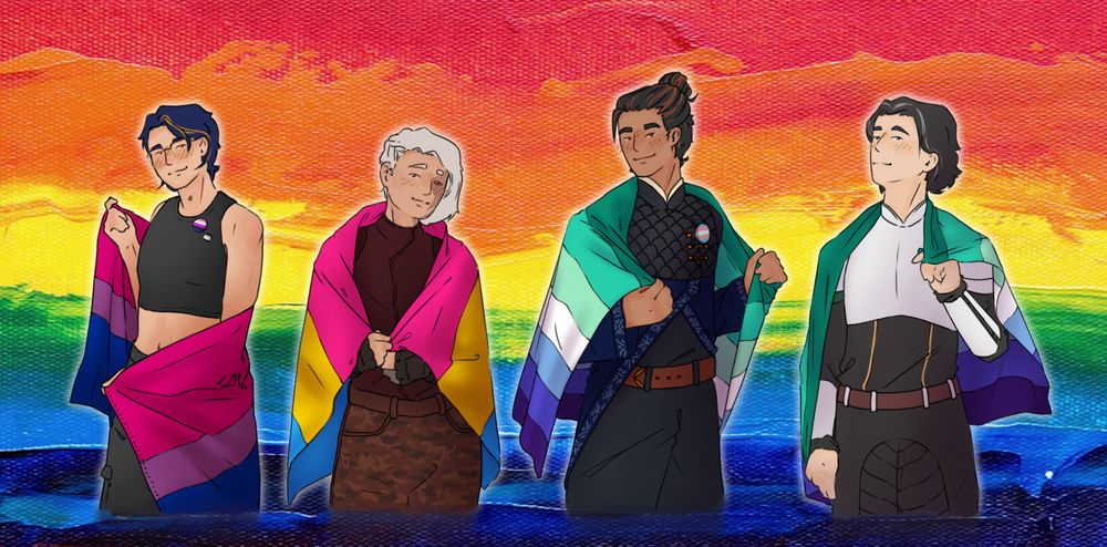 A drawing of four characters in front of a rainbow background!
1) My persona wearing a binder and black cargo pants. They carry a bi flag and have buttons of the genderfluid an ace flags.
2) Emira wearing her usual dark red jacket and camo pants. She has a pan flag wrapped around her.
3) Cethiron in his blue coat with grey pants. He has a gay flag over the shoulders and wears a button of the trans flag.
4) Kiran in his white and grey armor. He carries a gay flag slung over his shoulder.