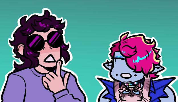 A screenshot of a comic panel with the dialogue cropped out. It shows a person looking thoughtful and a vampire who doesnt seem to mind that the cat he's holding is grabbing his face with both paws.