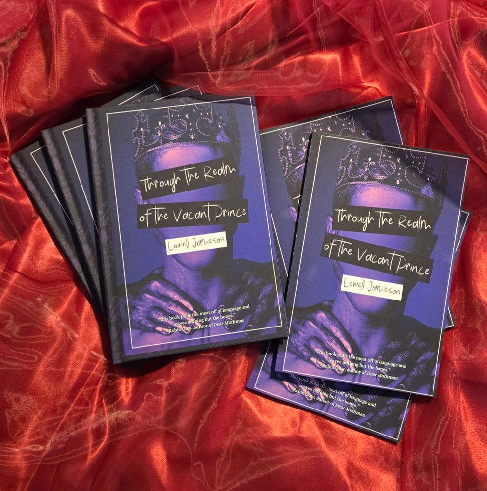 Three hardcover and three paperback copies of Through the Realm of the Vacant Prince, by Lowell Jameson, are spread out atop red tulle and red satin. 
