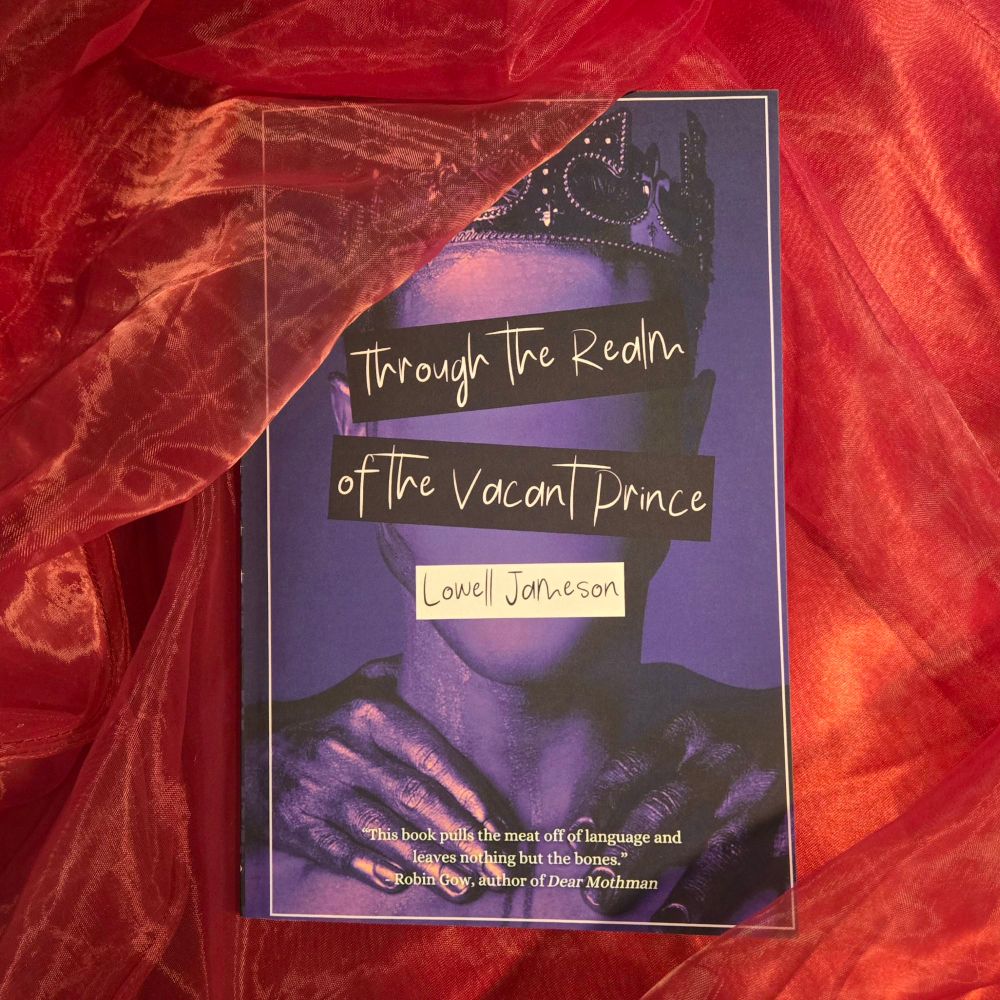 Paperback copy of Through the Realm of the Vacant Prince: A Queer Poetry Collection by Lowell Jameson, with red tulle and satin.