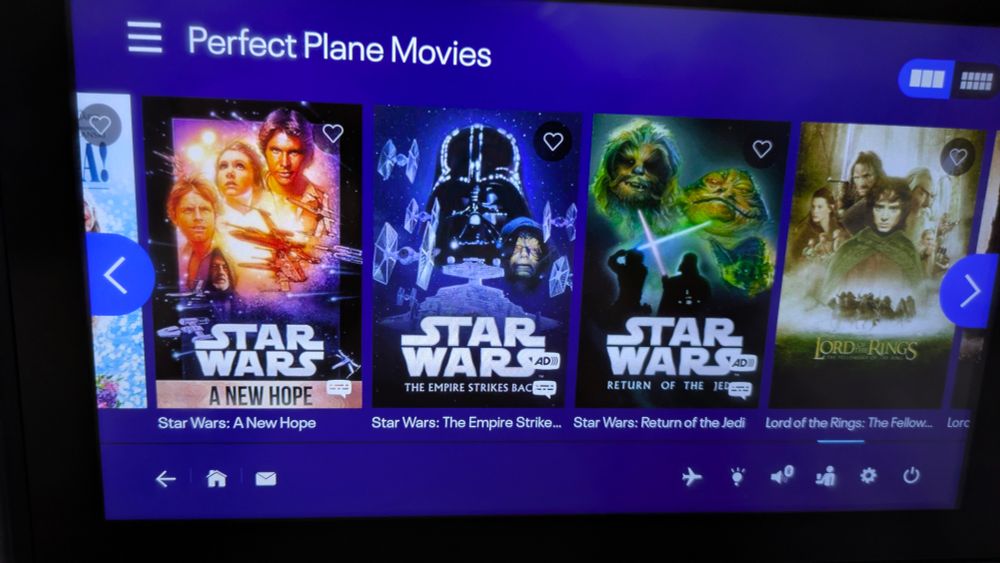 United Airlines seat back monitor "Perfect Plane movies" Star wars original trilogy and the lord of the rings
