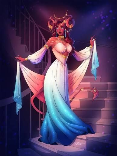 The Ruby of the Sea a red teifling woman in a white and blue dress.