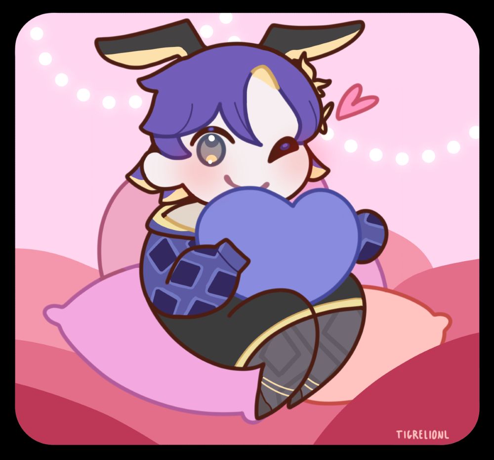 chibi personabul sitting on pillows with a heart shaped pillow in hand, winking
art by @tigrelionl.bsky.social 
