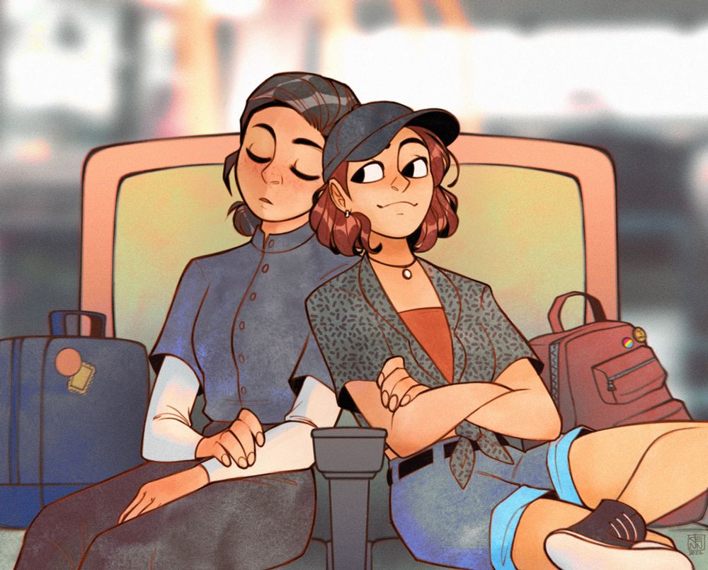 Ava and Beatrice from Warrior Num sitting together on a train. Bea is fast asleep leaning against Ava who is looking at her fondly. Both of them seem to be wearing casual clothes— Ava in a tied top with shorts, chucks, and a baseball cap while Bea is dressed more modestly in her button up dress shirt with a white long sleeve underneath. 