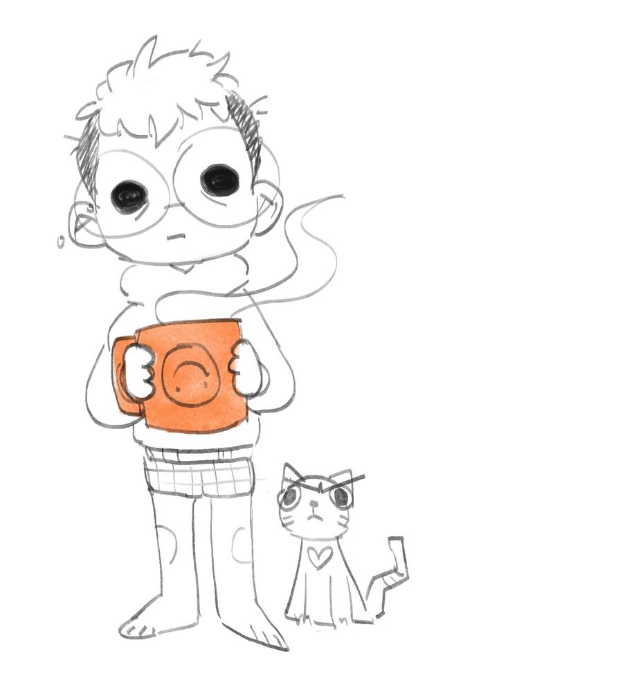 a crude sketch of myself in chibi form with a giant mug with an upside down smiley face. I'm wearing a sweatshirt, boxers and am barefoot. I look absolutely exhausted and Io (my cat) is sitting next to me with an angry look on her face. 
