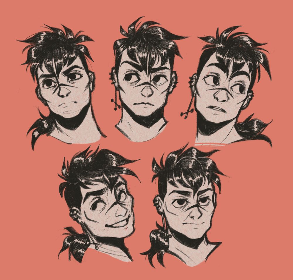 A pink sheet with five black sketches of some neck up expressions of my oc Vanni! He has dark hair falling with his sides shaved and his hair ties in a ponytail in the back. He has three ring piercings on his left ear with one large dangling upside down cross earring. 