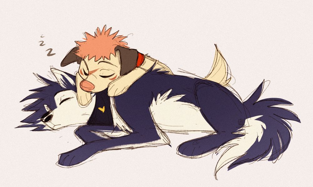 Itadori and Fushiguro from jjk as dogs napping together ;~;