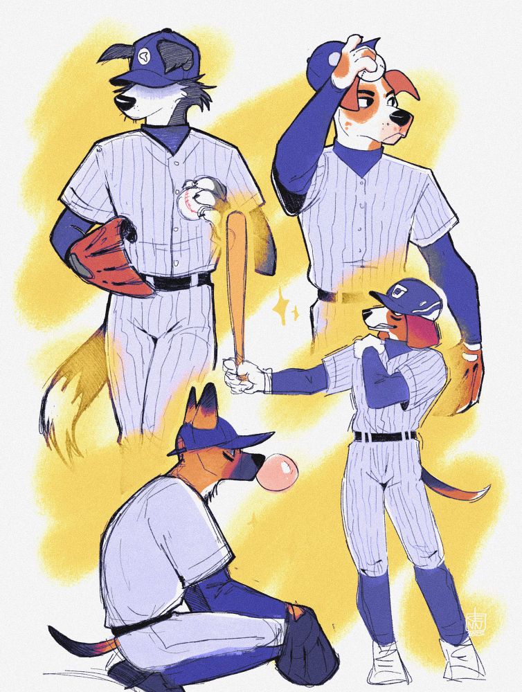 Sketch page of a bunch of anthropomorphic dogs in blue baseball uniforms 