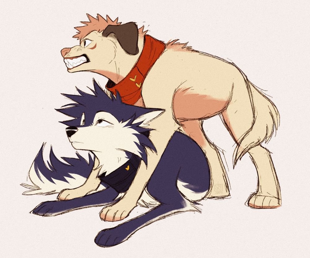 Itadori and Fushiguro from JJK as dogs. Itadori is standing protectively over Fushiguro who looks up at him. 