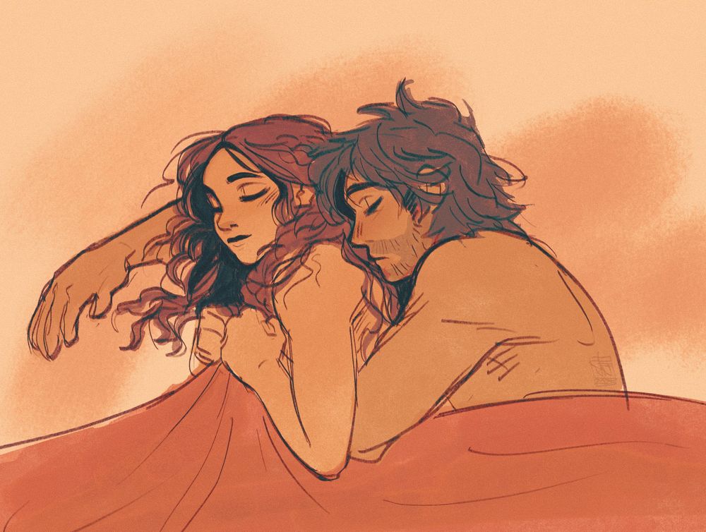 an roughly colored sketch of two people lying together asleep while holding one another. The small spoon (Bix) has long curly brown hair and clutches the arm of her partner to her chest and looks peaceful. The big spoon (Cassian) is looking tranquil with his head tucked into Bix's hair at her back and has his arm wrapped around her front while the other arm acts as her pillow. ;~;