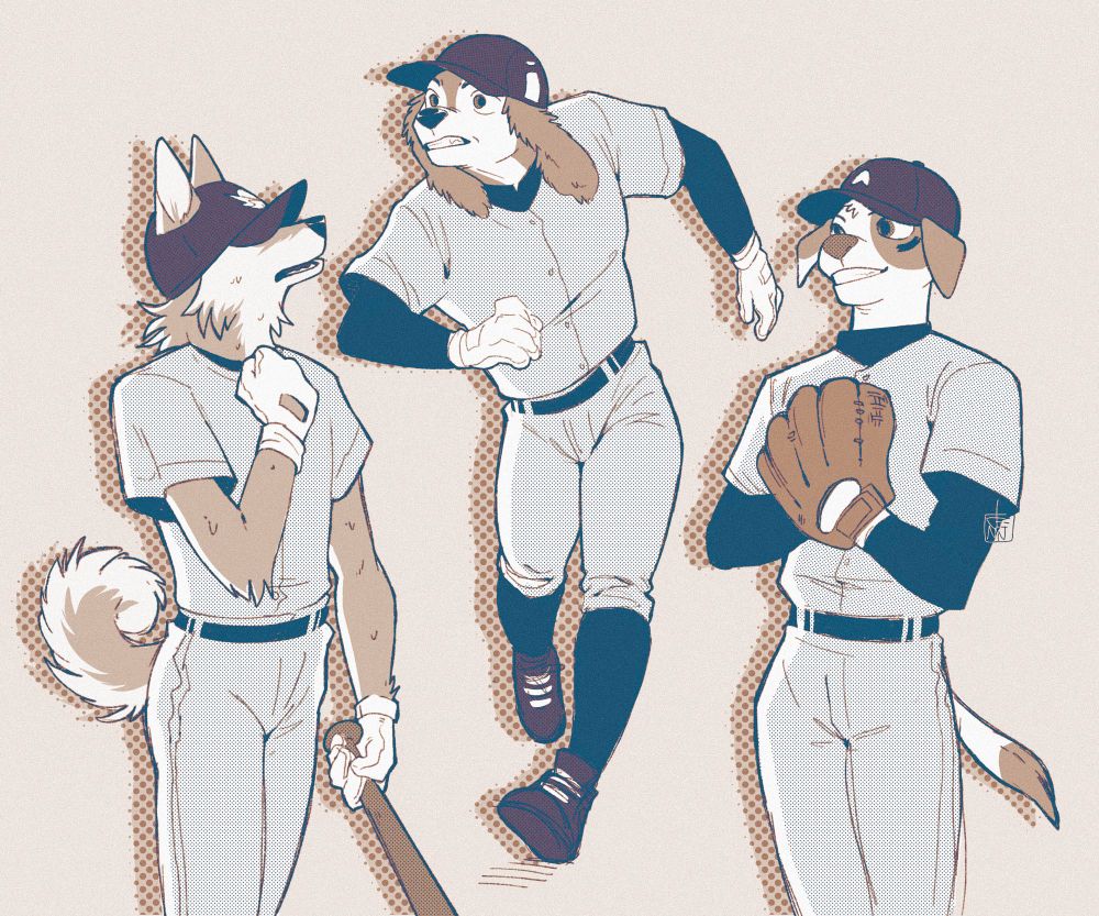 Three grayish blue toned sketches of anthropomorphic dogs playing baseball xoxo