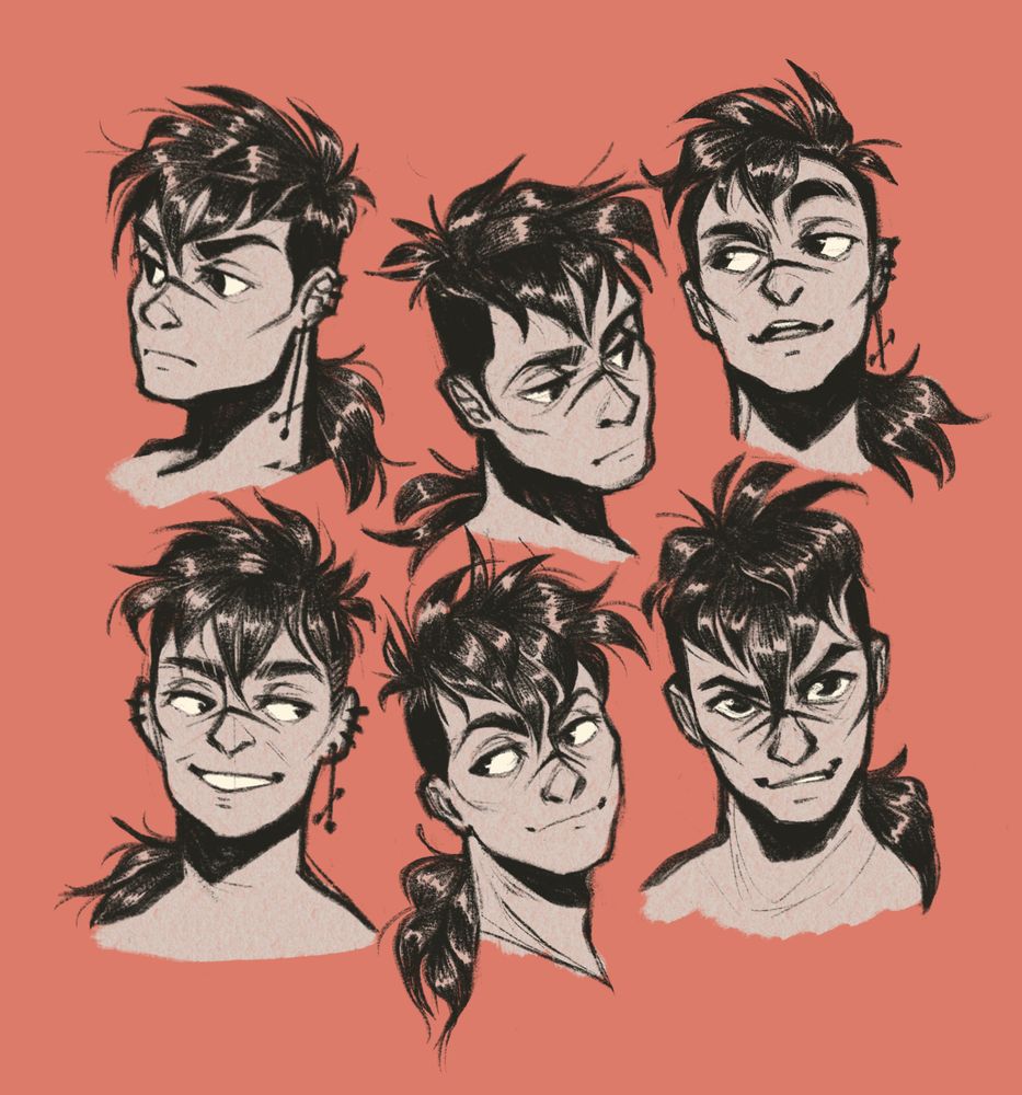 A pink sheet with six black sketches of some neck up expressions of my oc Vanni! He has dark hair falling with his sides shaved and his hair ties in a ponytail in the back. He has three ring piercings on his left ear with one large dangling upside down cross earring. 