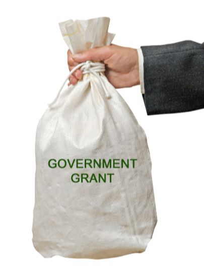 A hand of a person in a business suit holding a sack labeled "GOVERNMENT GRANT"