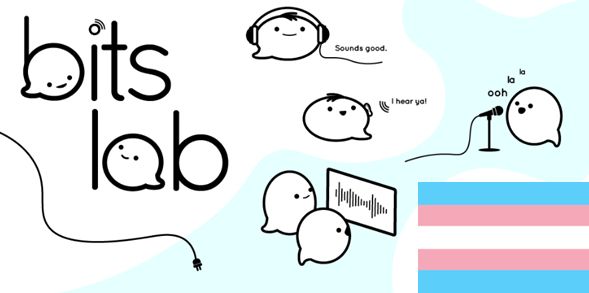Decorative image with text "BITS Lab," transgender pride flag, and speech bubble characters speaking and listening
