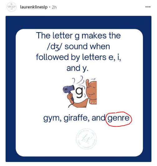 The letter g makes the /d͡ʒ/ sound when followed by letters e, i, and y as in gym, giraffe, and genre