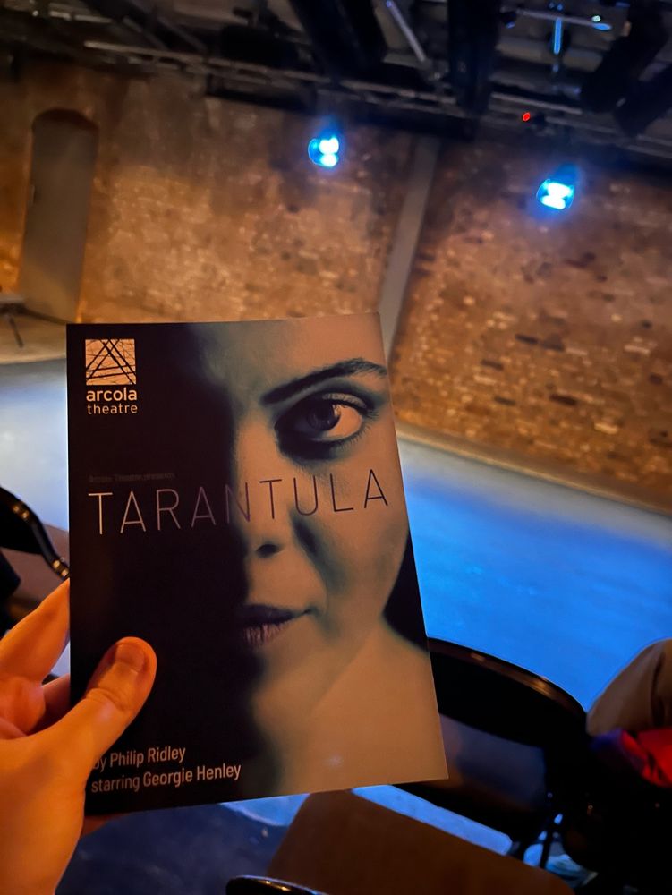 A leaflet for the theatre production ‘Tarantula’ with the theatre space in the background.