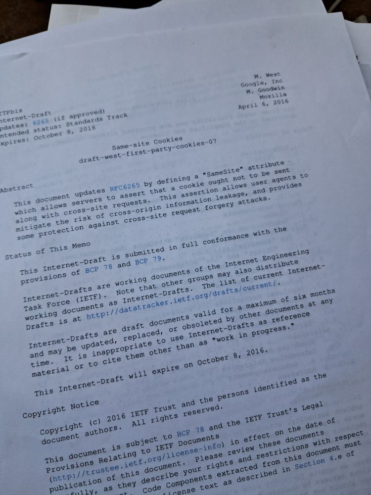 A draft of what became Same-Site cookies. Text is at https://datatracker.ietf.org/doc/html/draft-west-first-party-cookies-07