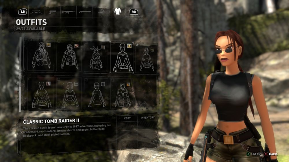 Screenshot of ROTTR showing Lara in her Angel of Darkness outfit, stylized to look like the 3D of that game.