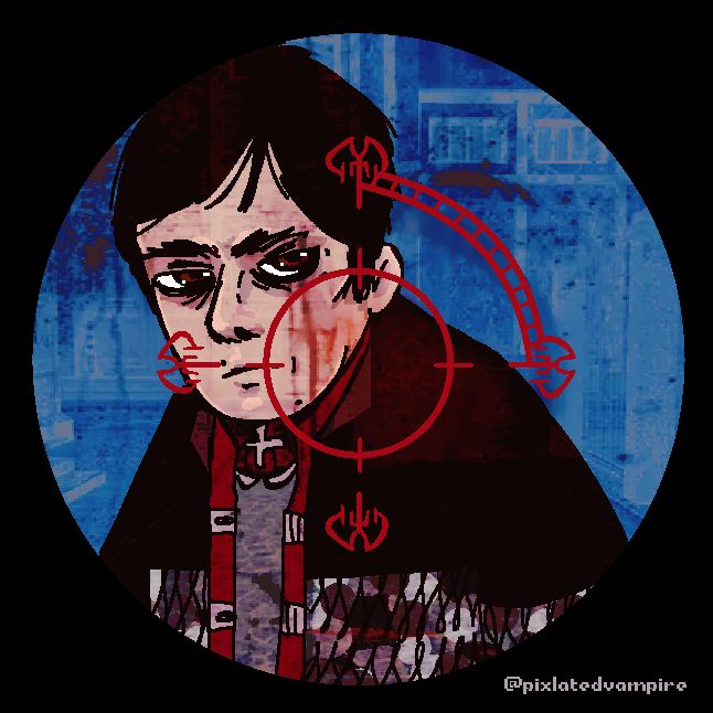 The viewer looks through the plague finder at the Bachelor. He is overlaid by the texture of the actual game view of the plague finder (color shifted to be blue in the background) and the texture over his face makes it look like he’s bleeding.