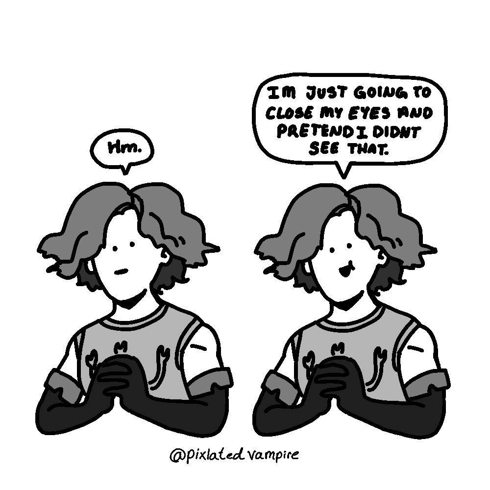 Cahara clasps his hands in front of himself calmly. His face is very simple and blank. He says “hm.” in the next image he has a slight smile with the same blank eyes and says “I'm just going to close my eyes and pretend I didn't see that.”