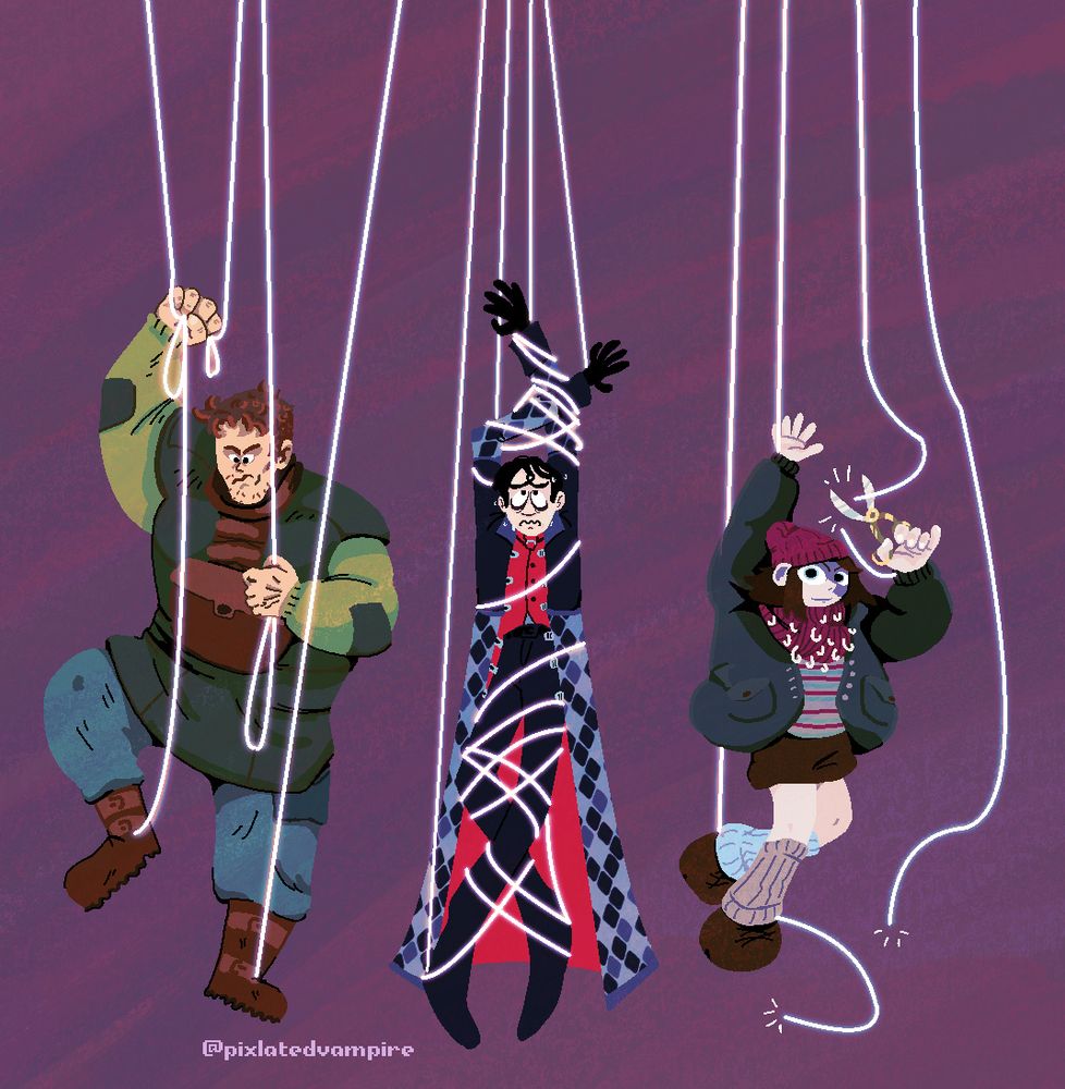 The three healers are lined up ina row hanging from puppet strings. Left to right: Artemy has a determined expression as he gathers his strings in hand to gain enough slack to lift his own leg. Daniil has his arms and legs fully tangled in the strings, unable to move he looks above with a fearful expression. Clara hangs by one hand and one leg. She looks at the viewer as she cuts the string on her free hand. Her other leg is already cut loose.