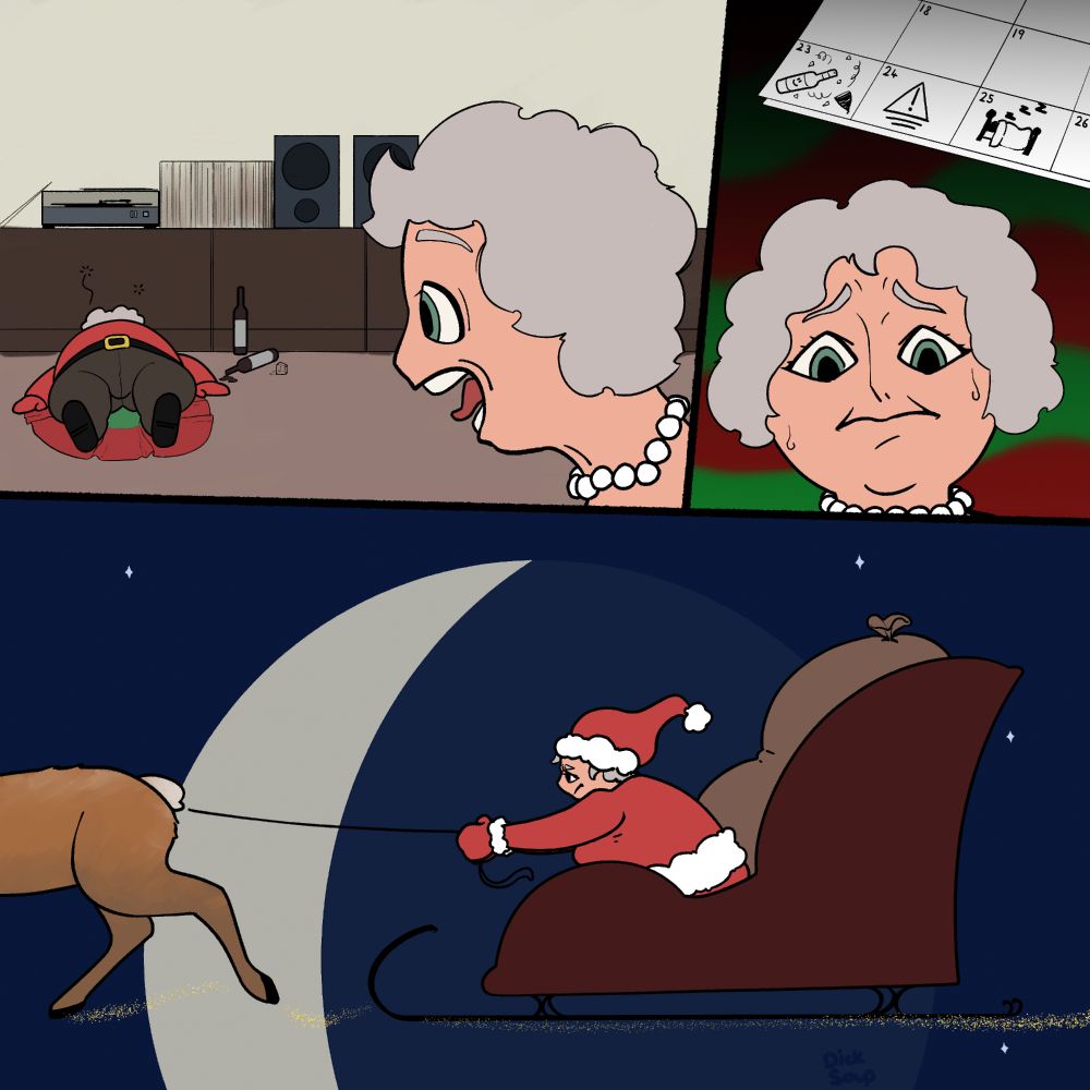 3 panel comic, mrs claus takes over from drunk santa