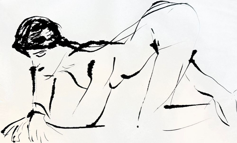 Line drawing of a crouching figure, life drawing